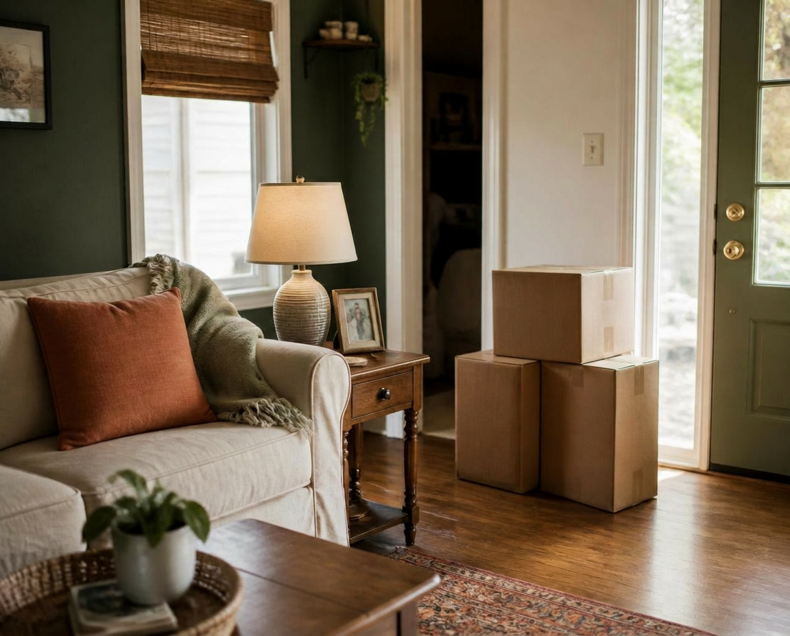 Warm suburban living room with sofa, lamp, side table and boxes ready for pickup
